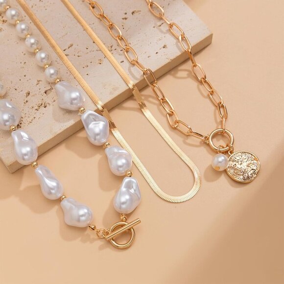 Gold Pearl Necklace for Women Gold Layered Necklaces Chunky Statement Stackable - Picture 5 of 6